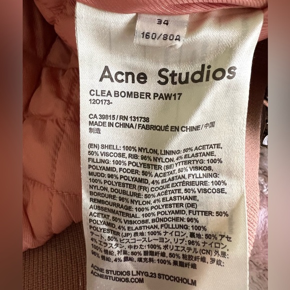Acne Studios Clea Bomber Jacket Women's Pale Pink Women's Size 34/ XS -Small - Picture 11 of 15
